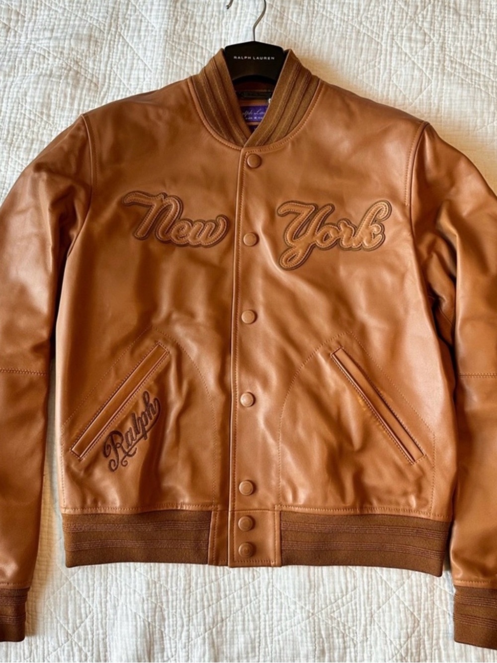 Polo Purple label Ralph Lauren Tan Leather 'New York' Yankees” Varsity Jacket